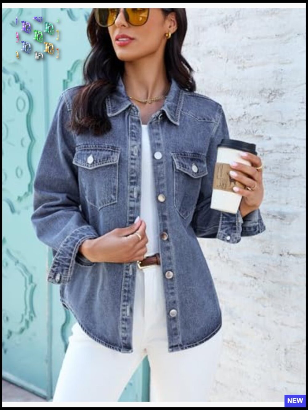 Distressed Denim Jacket Relaxed Fit Button Down Trucker Shacket Long Sleeve - Picture 3 of 7